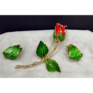 Vintage Enamel Flower Brooch Earrings Set Red Signed‎ Giovanni READ